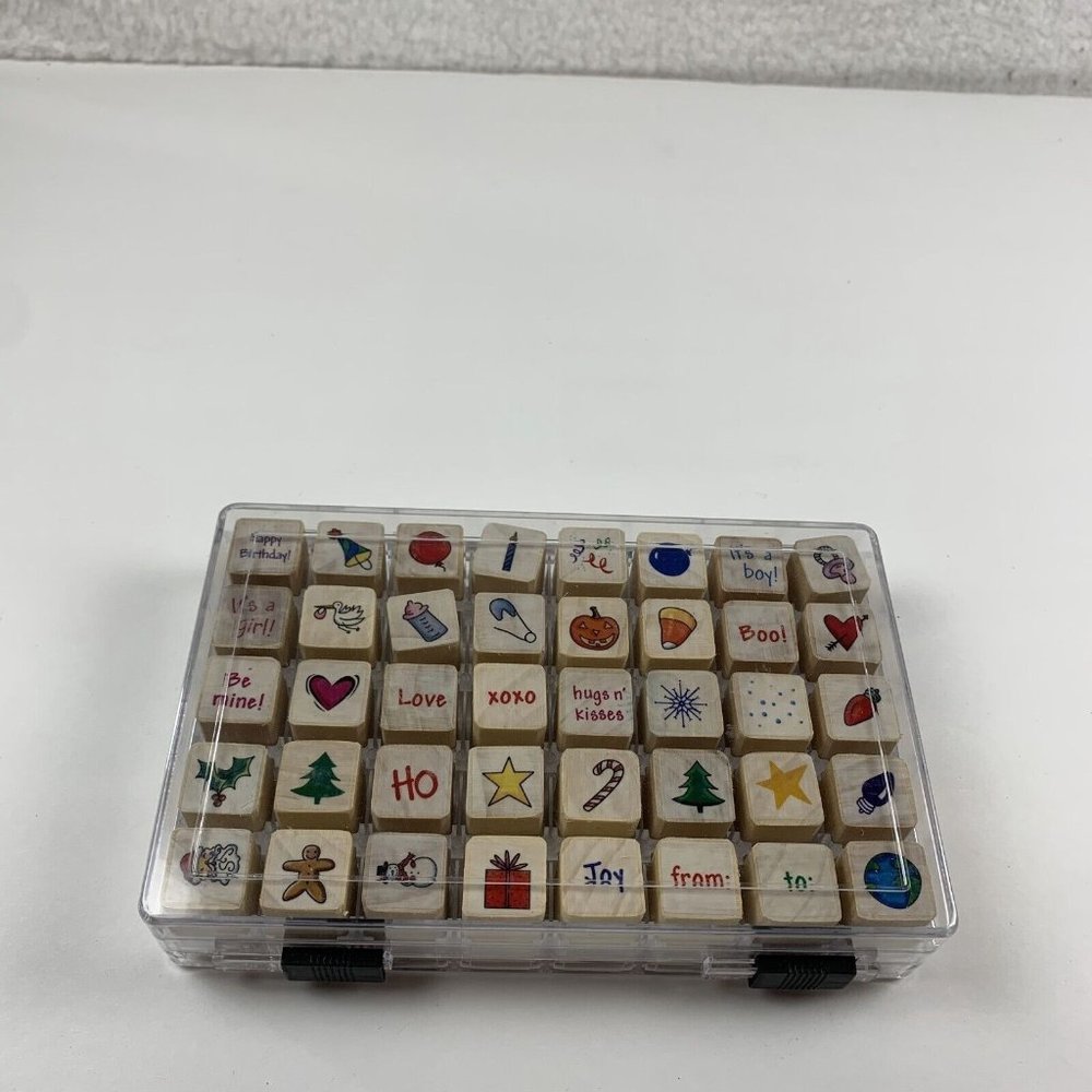 40 Wood Mount Creative Cute Various Rubber Stamp Theme Set In Latching Case 6174